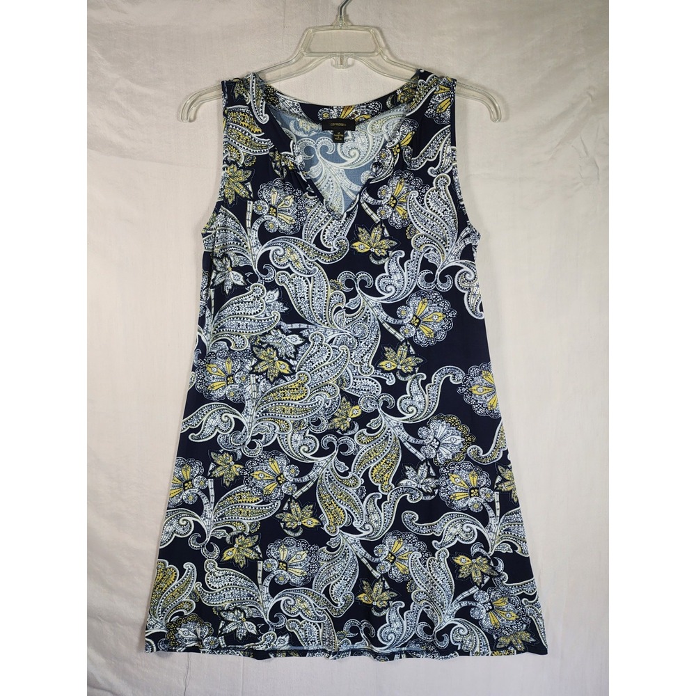 Womens M Paisley Floral Shift Dress Sleeveless Navy Yellow Boho Retro Resort Mod